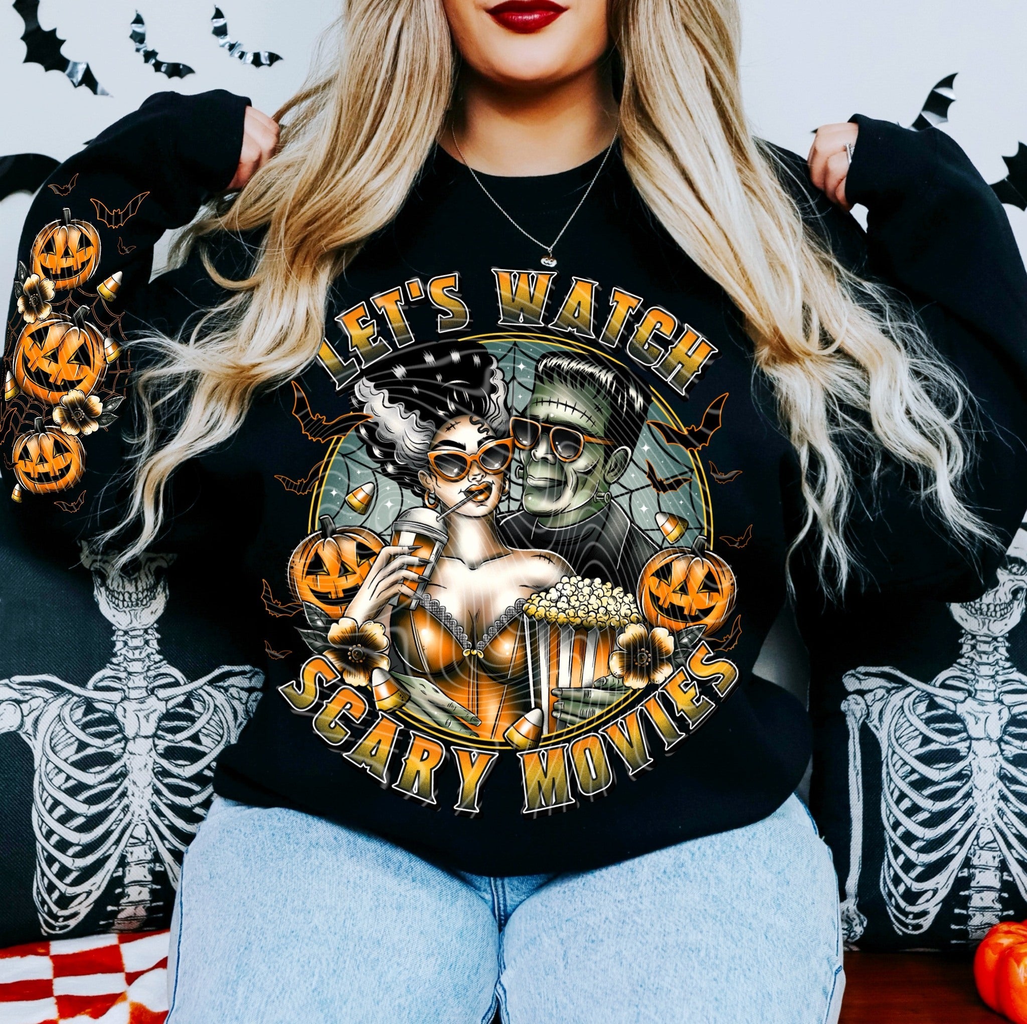 LETS WATCH SCARY MOVIES CREWNECK SWEATSHIRT W/ SLEEVE PRINT