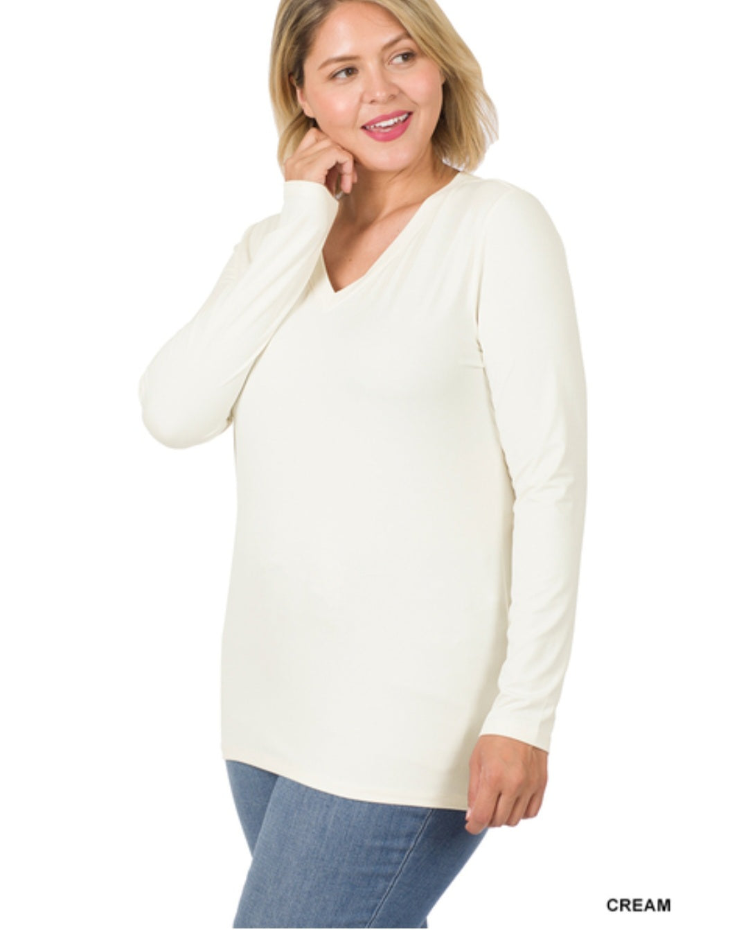 Cream v neck long sleeve microfiber stretch top