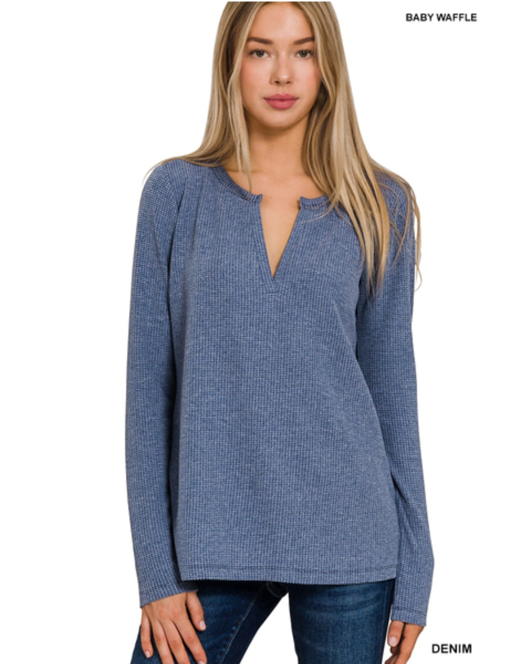 Denim blue baby waffle split neck pullover