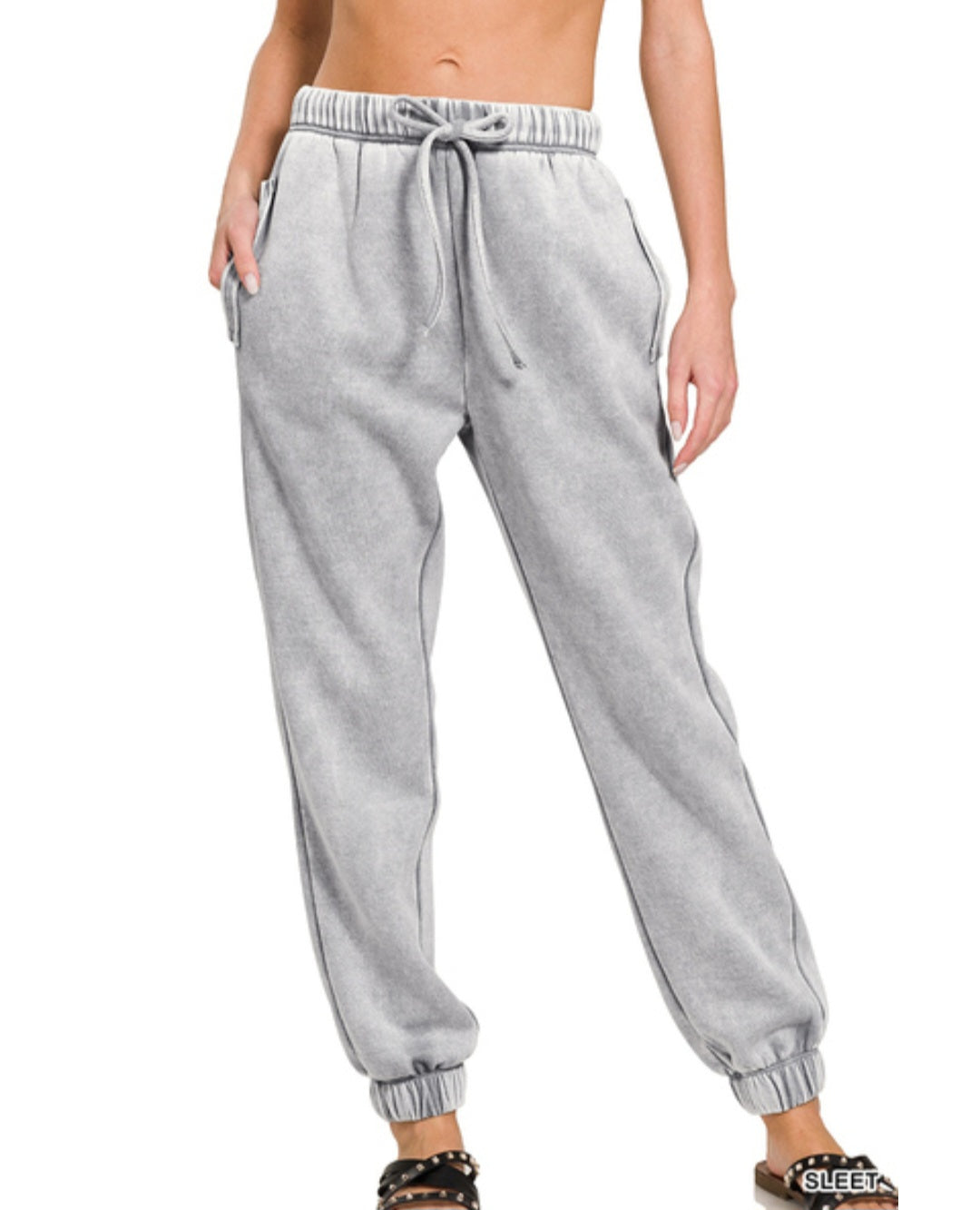 Sleet grey acid wash fleece sweatpants with pockets