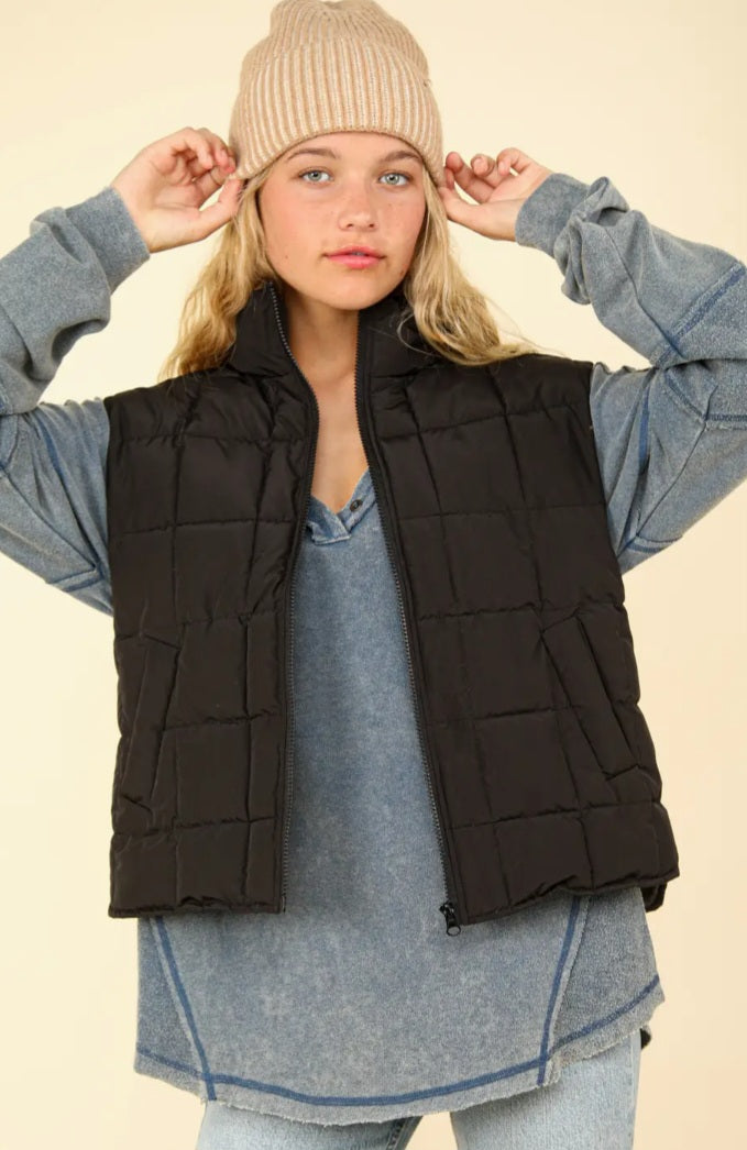 Black puffer vest with pocket and zipper