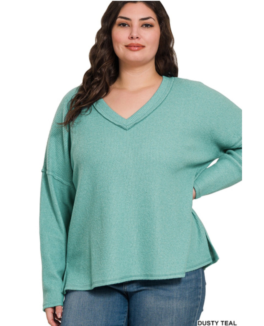 Dusty teal ribbed v neck