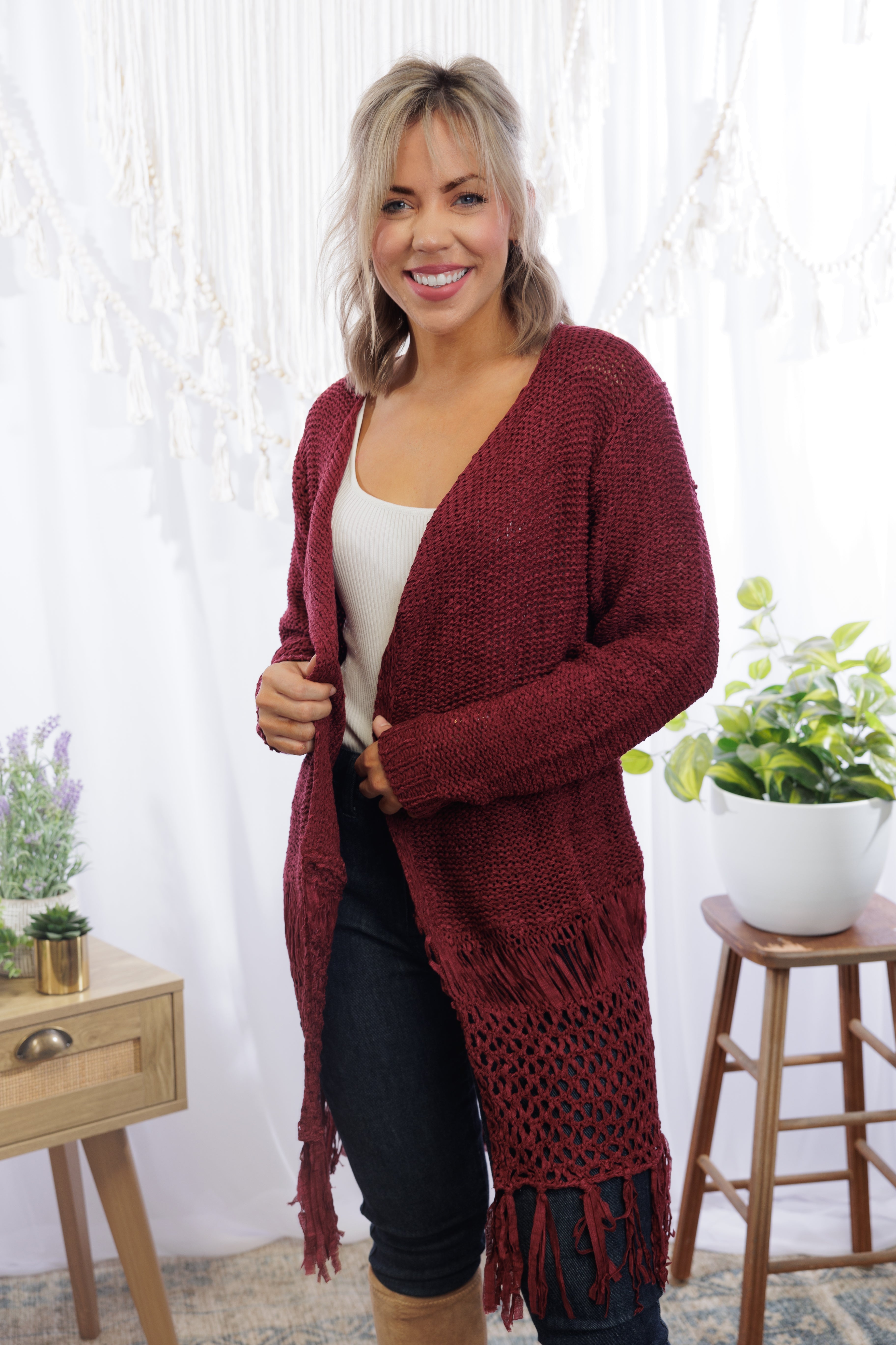 Tiana Fringed Cardigan - Wine