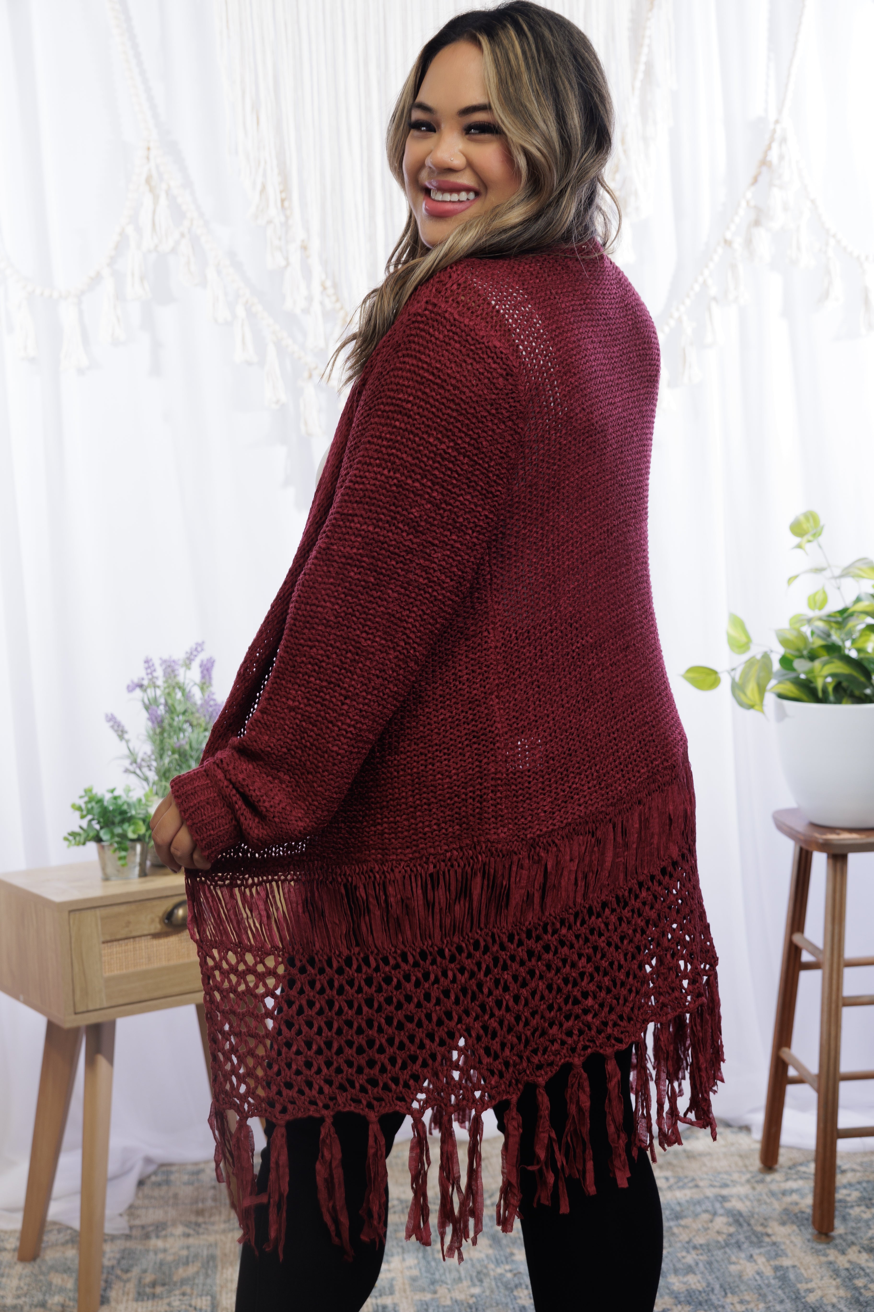 Tiana Fringed Cardigan - Wine