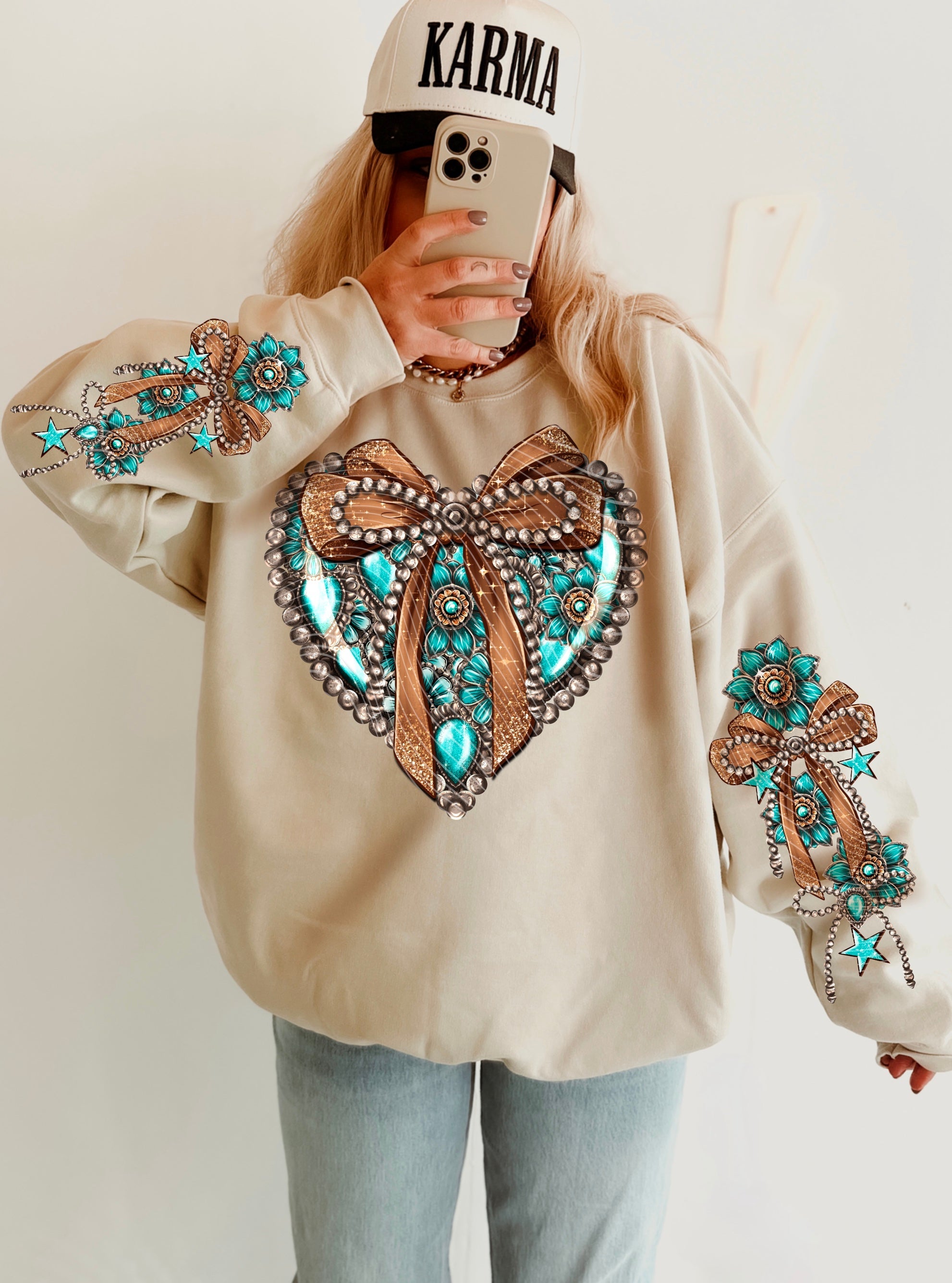 TURQ CONCHO SWEATSHIRT W/ SLEEVE PRINT