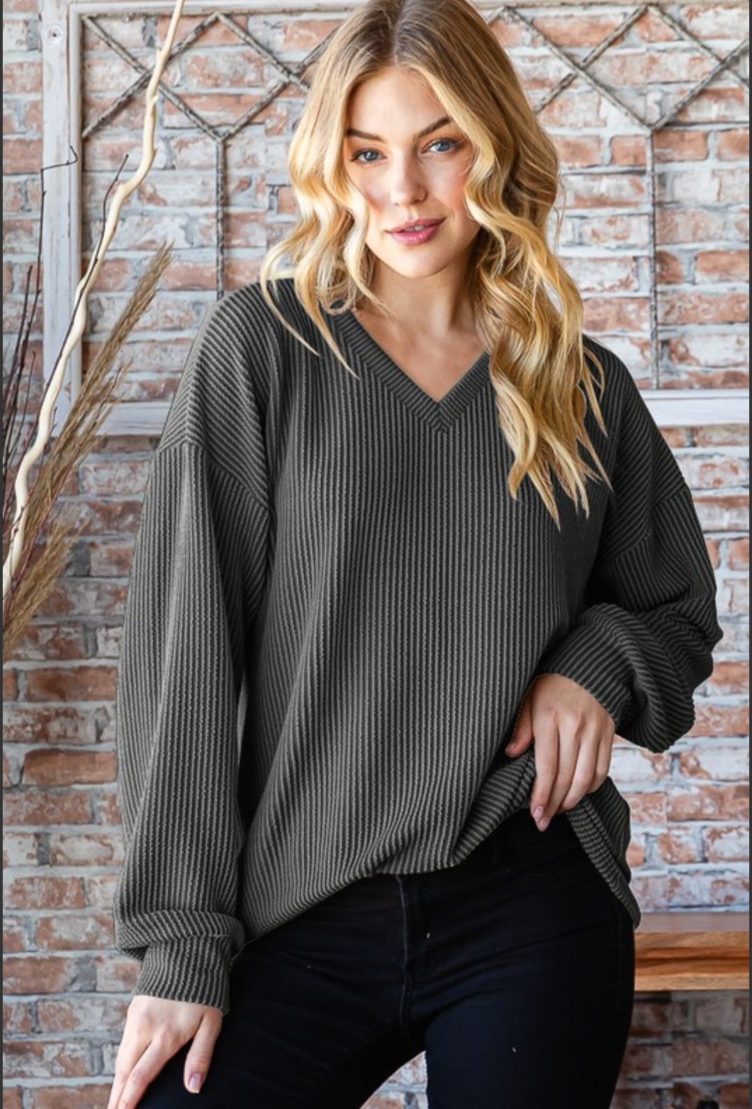 Charcoal urban ribbed puff sleeve v neck