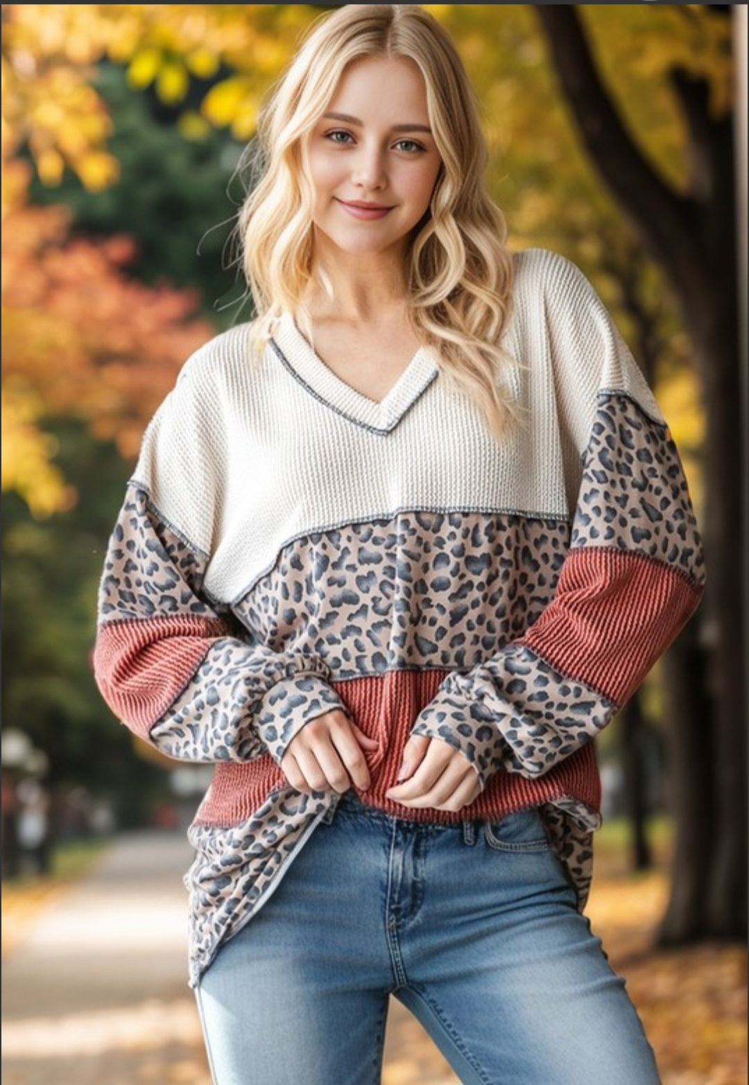 Urban ribbed puffed sleeve rust cream color block with leopard