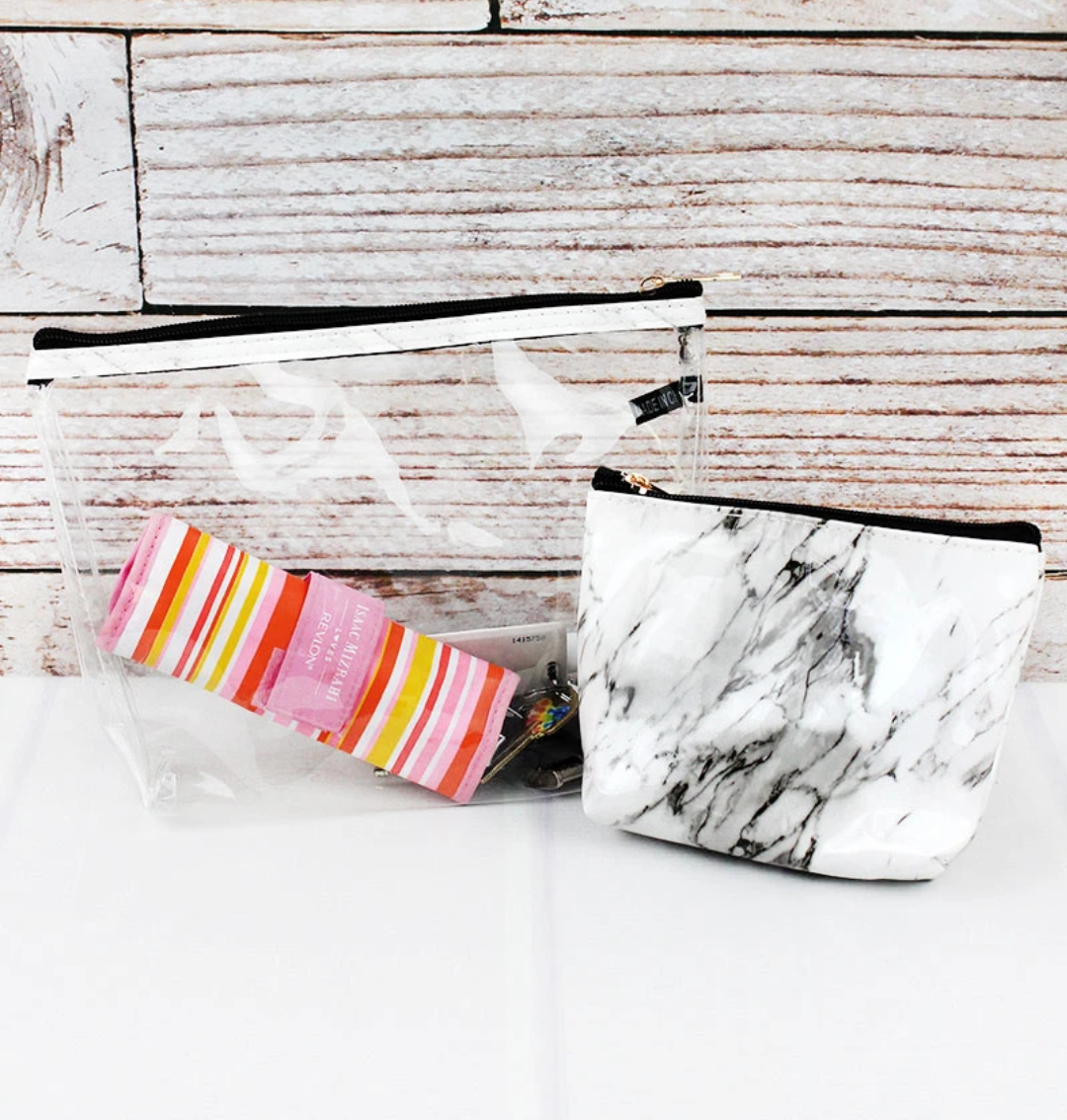 White/clear marble 2pc cosmetic bag